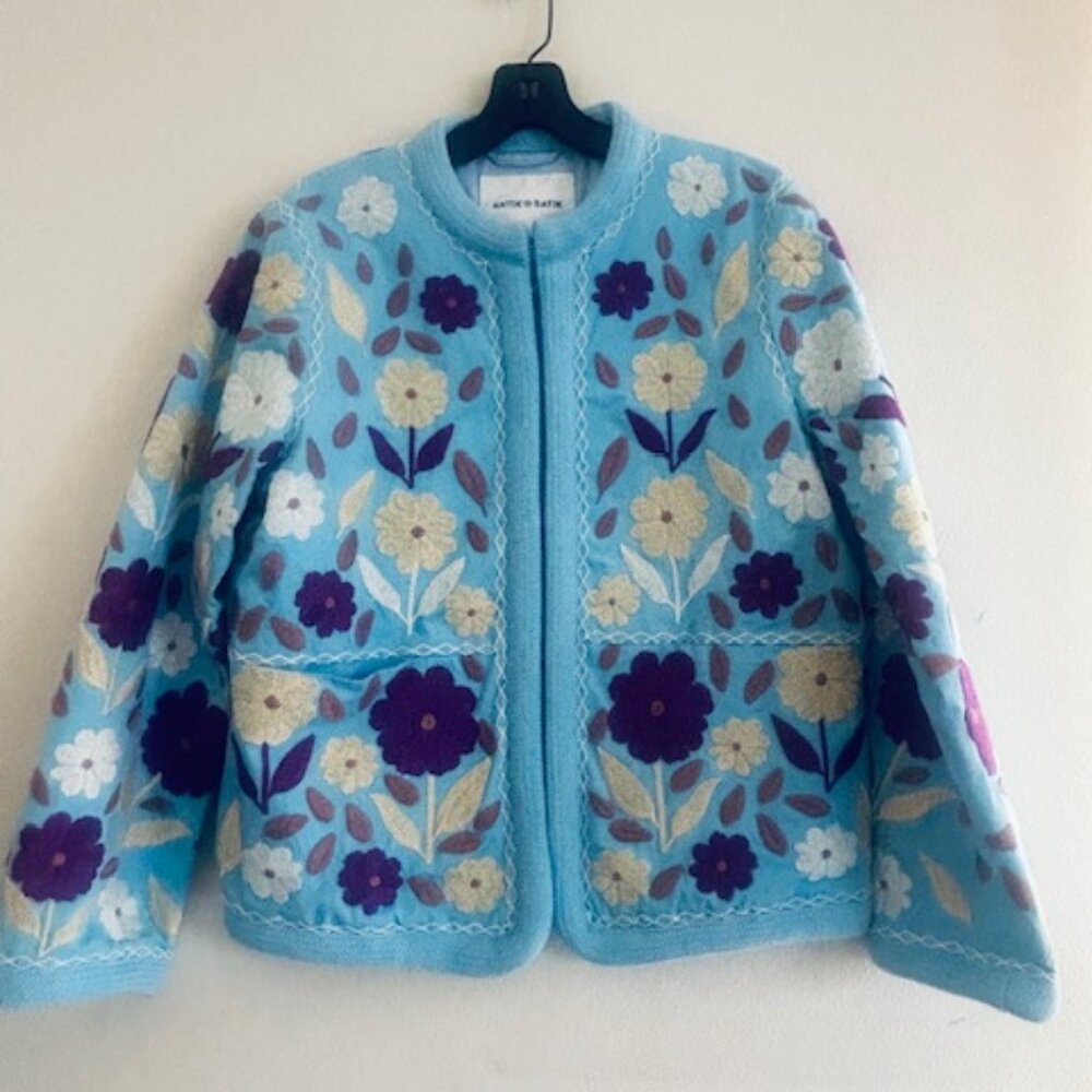 Antik Batik Tady Blue Multicolor Floral Embroidered Lined Crop Cotton Jacket S